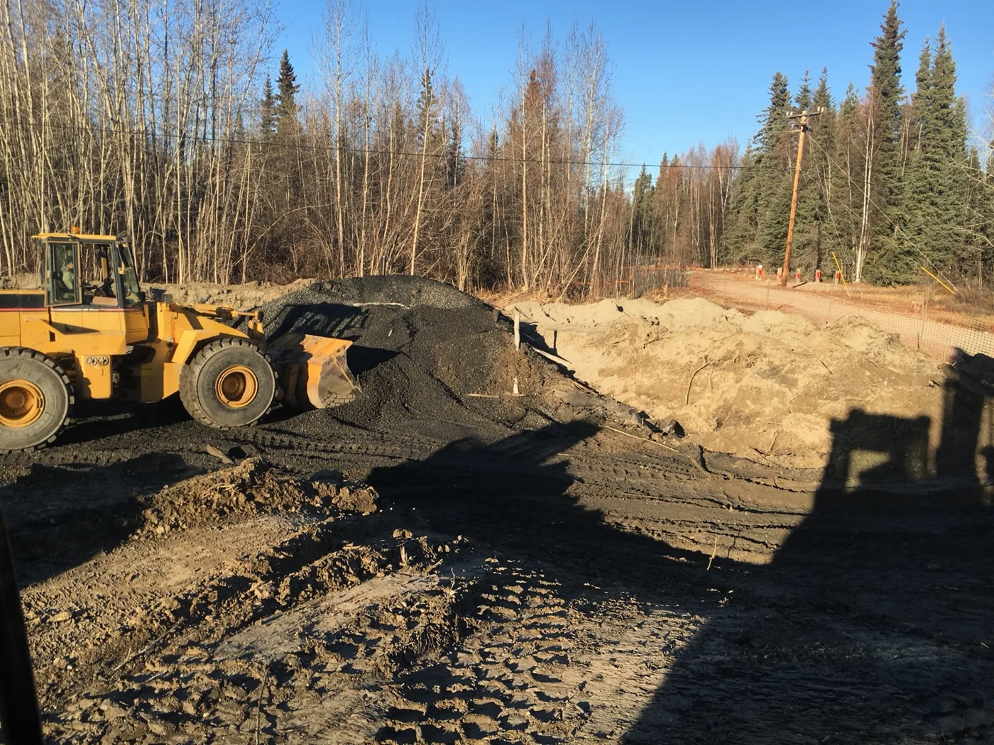 Wheel loader moving earth beside a wooded work area